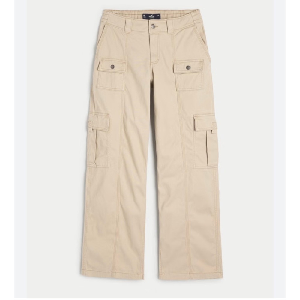 Hollister Low-Rise Baggy Cargo Pants Cream Khaki W29R Utility Wide Leg NEW